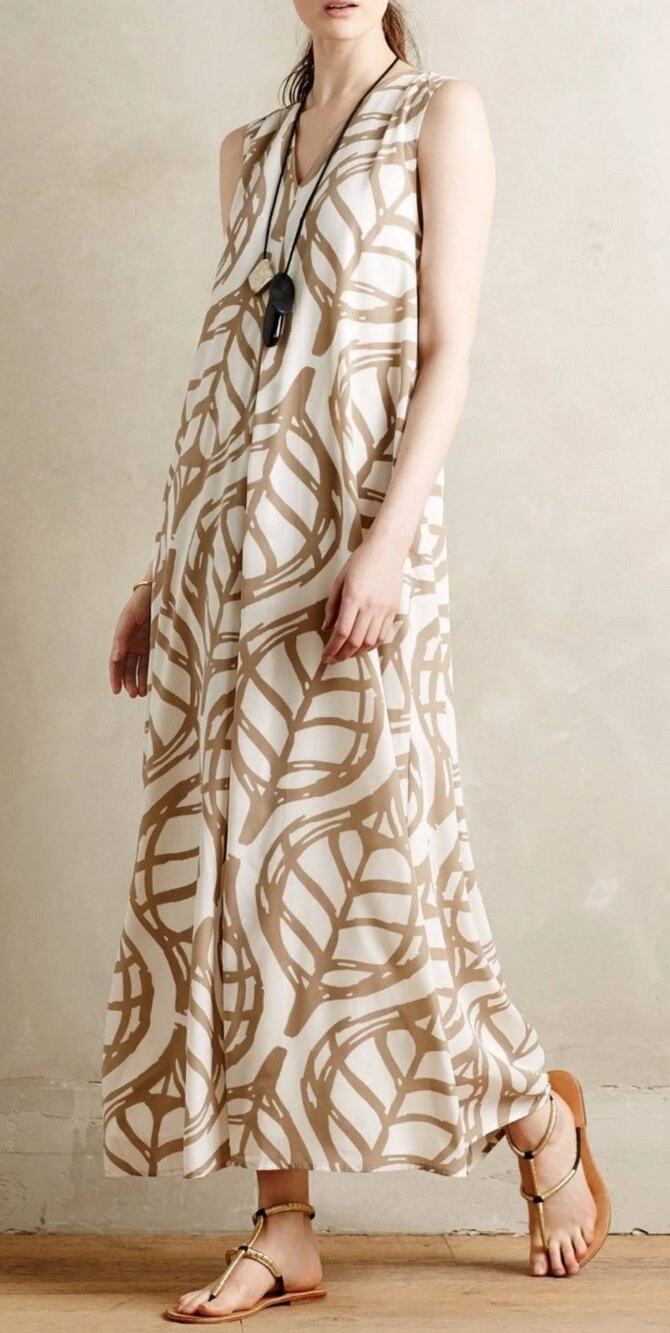 Anthropologie Whit Two Pera tan maxi dress Size XS Tropical Boho Retro Coastal